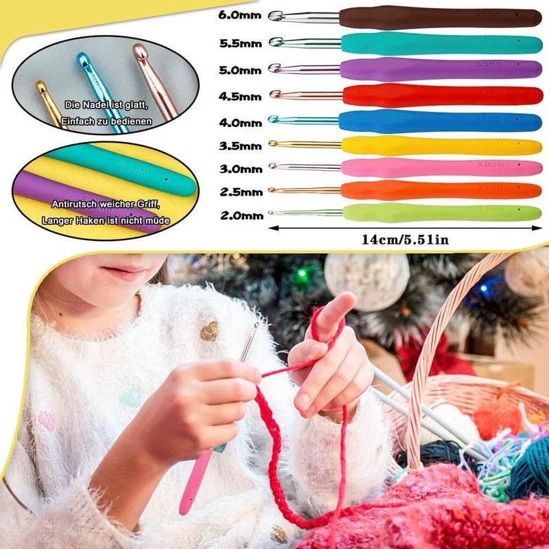 Haaknaaldenset, ergonomische zachte rubberen haaknaalden met comfortabele handgreep voor het breien voor beginners, volwassenen, kleurrijke haaksets, accessoiresets en verschillende soorten naalden