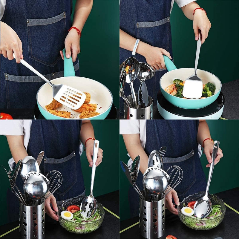 Roestvrijstalen kookgereiset, 13-delige keukengereiset met antiaanbaklaag en hittebestendige gebruiksvoorwerphouder