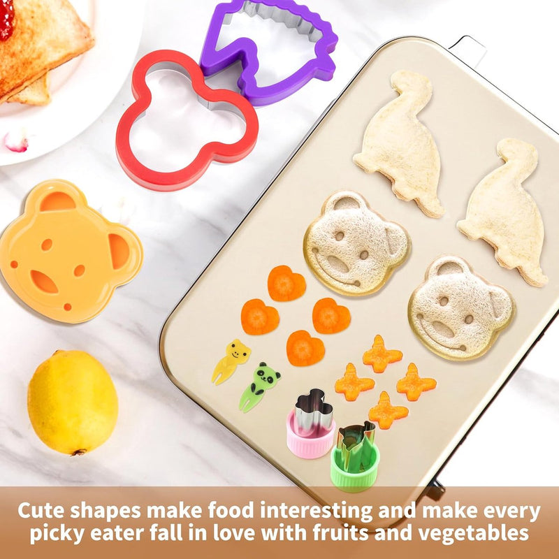 Koekjesvormers kinderset, 45-delige sandwichsnijders brood en groenten, roestvrijstalen broodsnijders met prikkers fruitvorkjes, comforthandgreep afneembaar, dinosaurus eenhoorn dino stervormen