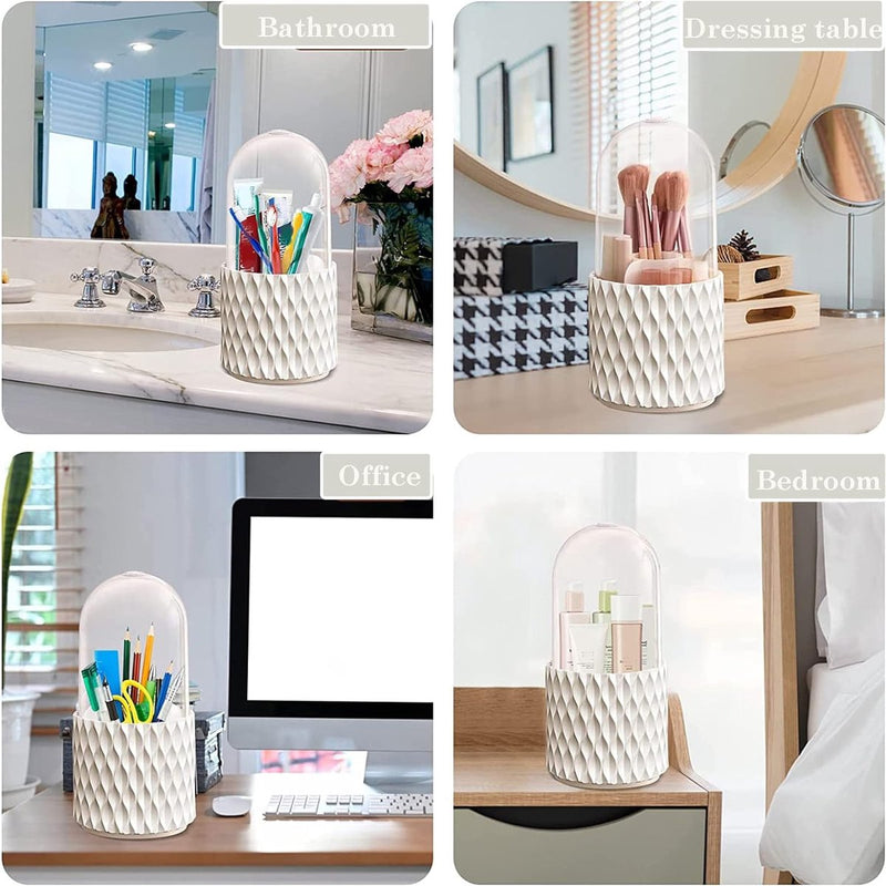 Cosmetica-make-uporganizer met stofdicht, stofdicht, 360 graden draaibare opslag met deksel, voor wastafel, badkamer, bureau, werkblad (wit)