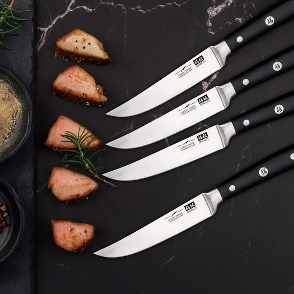 Steakbestek, 4-delig, steakvork, steakmes, roestvrij staal, gepolijst, lemmeten voor thuis en restaurant, geschenkverpakking, Duits roestvrij staal steakbestek 4-delig, 12 cm