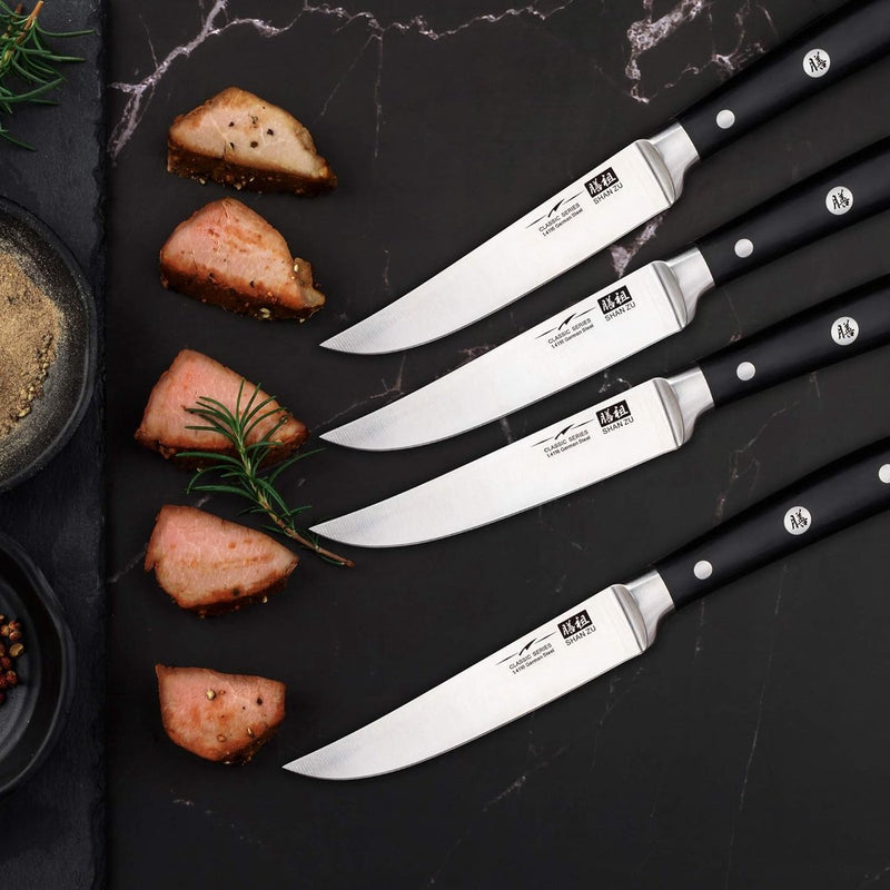 Steakbestek, 4-delig, steakvork, steakmes, roestvrij staal, gepolijst, lemmeten voor thuis en restaurant, geschenkverpakking, Duits roestvrij staal steakbestek 4-delig, 12 cm