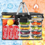 Picknickmand, 18,5 l, opvouwbare boodschappenmand, opvouwbare picknickmand met isolatie, antislip draagbare aluminium handgreep, boodschappenmand voor werk, reizen, winkelen, picknick