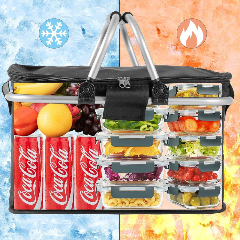 Picknickmand, 18,5 l, opvouwbare boodschappenmand, opvouwbare picknickmand met isolatie, antislip draagbare aluminium handgreep, boodschappenmand voor werk, reizen, winkelen, picknick