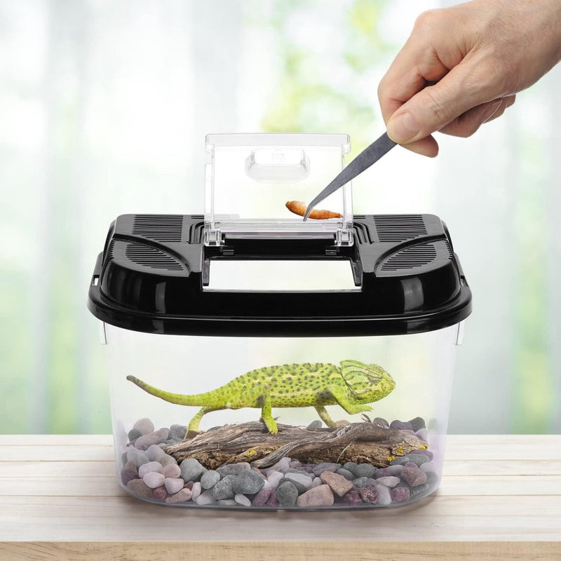 Terrarium voor reptielen en amfibieën, transparante kunststof reptielenkweekbox voor schildpad, hagedis, spide, hoornkikker, draagbare reptielenvoederbox, S (L17,8 x B 12 x H 12,7 cm)