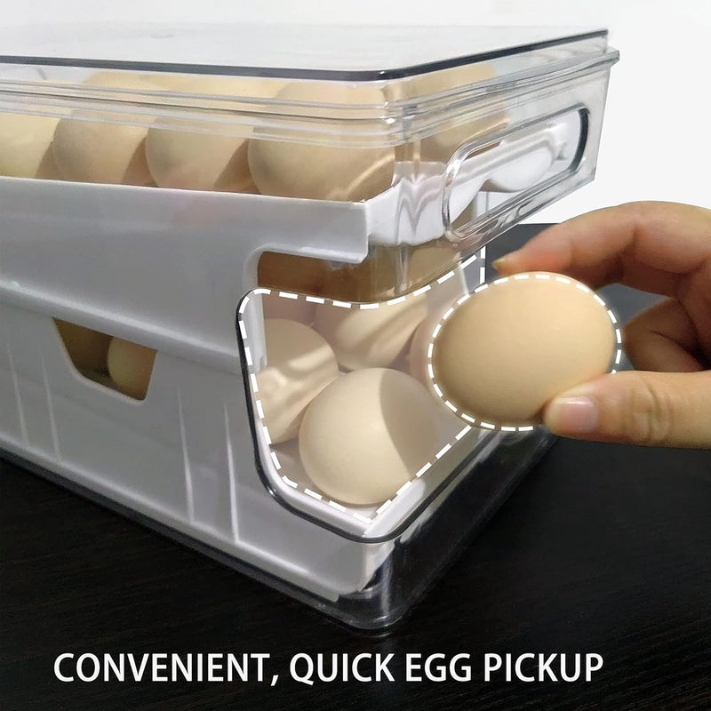 Eiercontainer voor koelkast, dubbelsporige automatische rollende eierhouder voor koelkast, opbergdoos met deksel voor eten, drinken enz. (Parelwit)