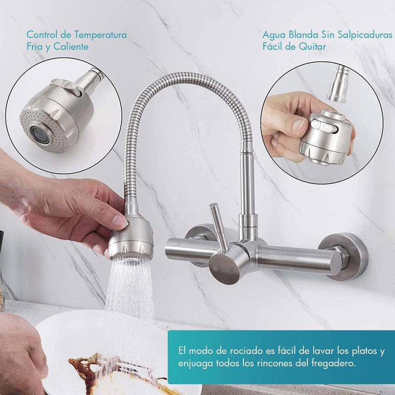 Wandmontage, keukenkraan, roestvrij stalen waterkraan, 360 graden draaibaar, uitloop, mengkraan met één hendel, mengkraan + 2 straalsoorten, spoelbakarmatuur, mengkraan met één hendel