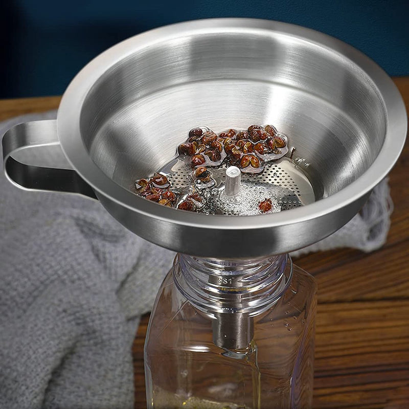 Trechterset voor levensmiddelen, 2 stuks trechter roestvrij staal 304 (klein, groot) en filter, 5 inch keukentrechter met afneembare zeef en buisborstel