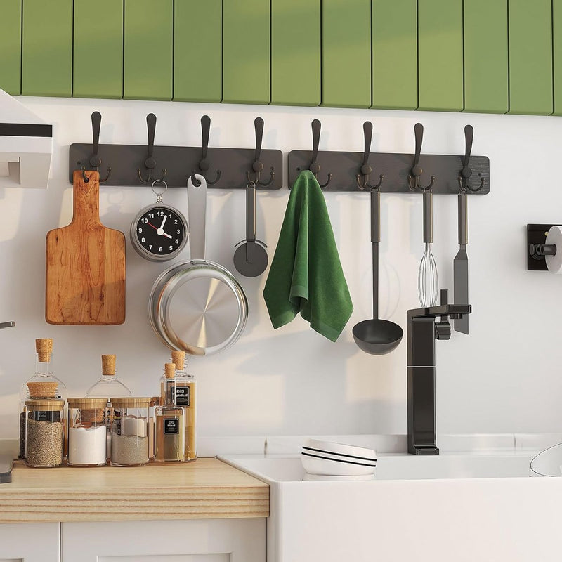Garderobehaken, kapstok met 4 drievoudige haken in zwart, 42 cm, wandgarderobe voor mantels, jassen, hoeden, tassen, voor hal, garderobe, badkamer, zwart
