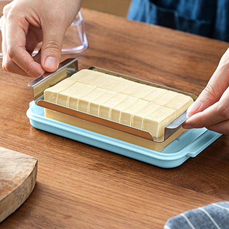 Boterdoos, roestvrijstalen botersnijder snijapparaat, 2 in 1 botersnijcontainer met transparant deksel boterkaasdoos voor het bewaren van kaas voor keukenkoeling (blauw)