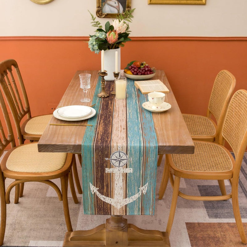 Tafelloper groen tafelloper lente zomer nautisch anker linnen tafelmatten retro rustieke schuur houtstructuur keuken eettafel decoratie tafelloper modern voor feest 40 x 140 cm