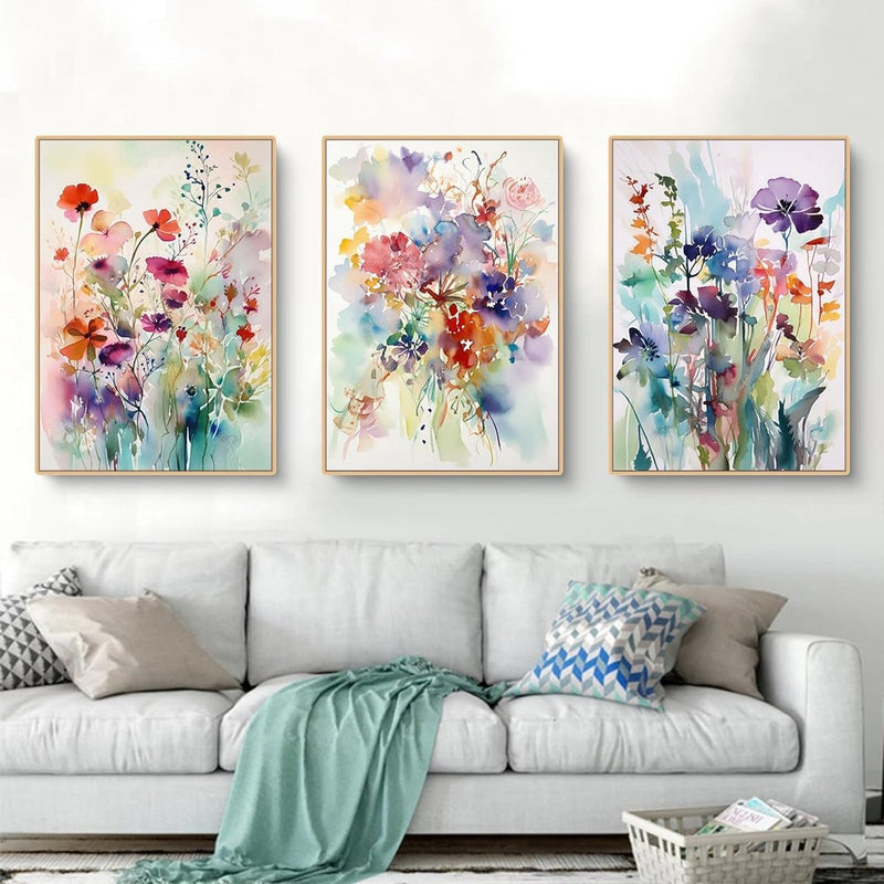 Woonkamerfoto's, set van 3, kleurrijke bloemenposters, slaapkamermuurfoto's, stijlvolle esthetische decoratieve canvasfoto's, zonder lijst, wanddecoratieposter (50 x 70 cm)