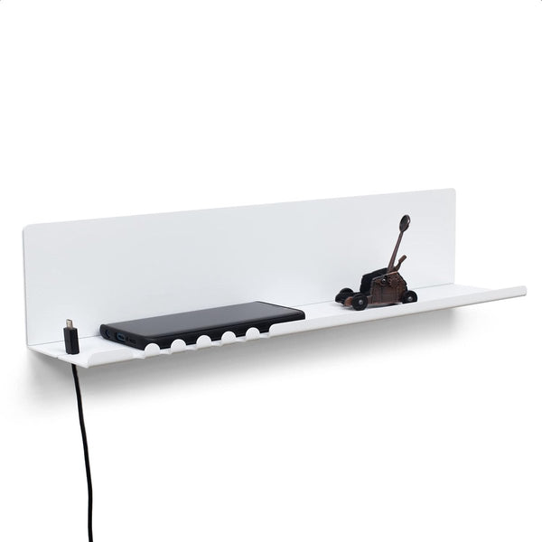 Wandplank 44 x 9 x 9 cm 5 haken en kabelhouder. Hangplank van gepoedercoat plaatstaal. Sleutelrekorganizer en letters voor entree, keuken, kantoor. witte kleur