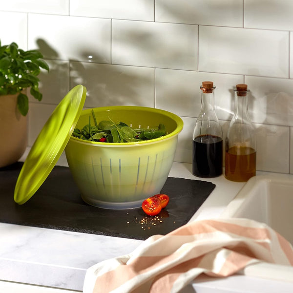 Voorraaddoos/serveerschaal met deksel en zeef/zeef, 3-delig, inhoud: 4,4 liter, kunststof, BPA-vrij, Olympia, kleur: transparant/groen