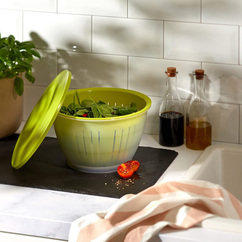 Voorraaddoos/serveerschaal met deksel en zeef/zeef, 3-delig, inhoud: 4,4 liter, kunststof, BPA-vrij, Olympia, kleur: transparant/groen