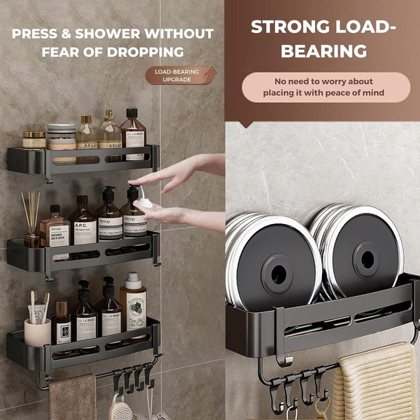 Badkamerplank zwart douchemandje en keukenopberger zonder boormachine. Roestbestendige aluminium badkamerwagen voor wandmontage met 8 haken (2 planken).