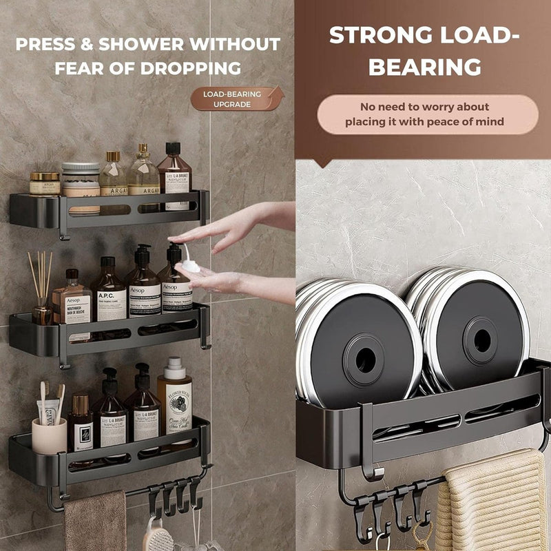 Badkamerplank zwart douchemandje en keukenopberger zonder boormachine. Roestbestendige aluminium badkamerwagen voor wandmontage met 8 haken (2 planken).