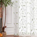 Sheer Gordijnen, voile, gordijnen met oogjes, borduurwerk, transparant, gordijn met ogen, gaas, voor woonkamer, slaapkamer, set van 2, groen op wit, 140 x 145 cm