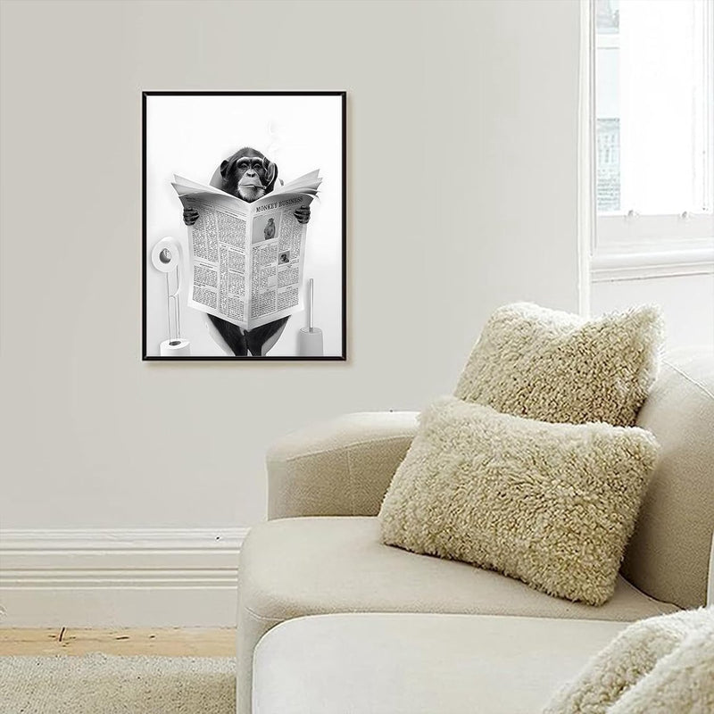 Mooie krant dier muur kunst zwart en wit canvas bedrukte cabine badkamer decoratie bad muur afbeelding, frameloos (aap, 1 stuk - 30 x 40 cm)