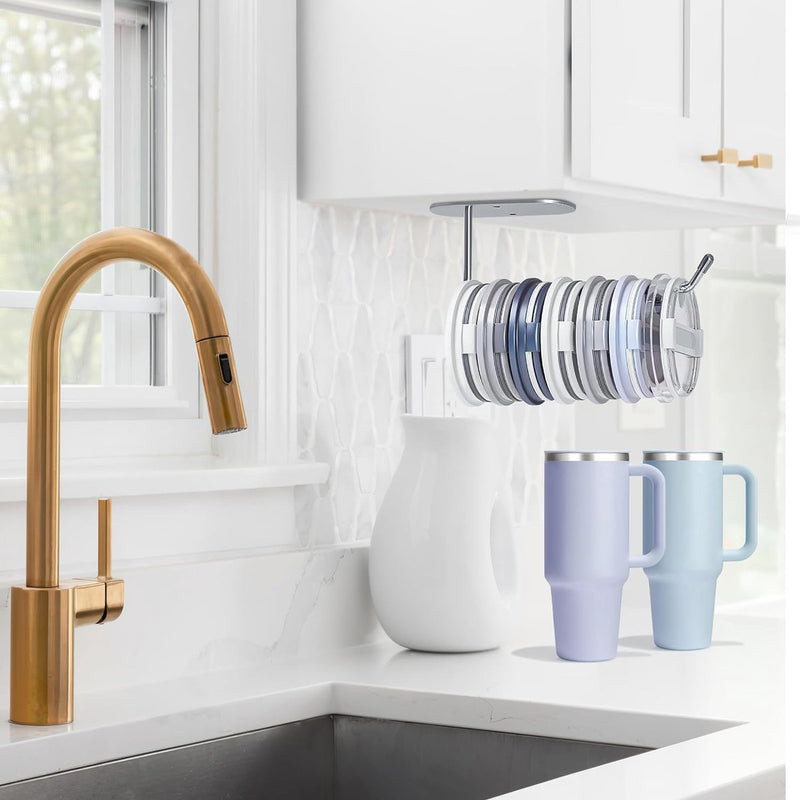 Bekerdekselorganizer, zelfklevende bekerdekselhaken, onder kastdekselstapelaar bekerdekselhouder voor Stanley-bekers voor keukenkastorganisatoren (2 stuks)