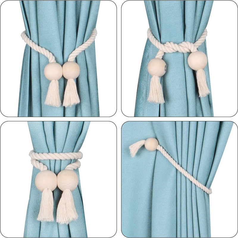 Set van 4 sterke magnetische gordijnbinders, tiebacks voor gordijnen, gordijn tiebacks, magnetische tiebacks, handgeweven tiebacks, gordijn tiebacks (beige - bal, 4)
