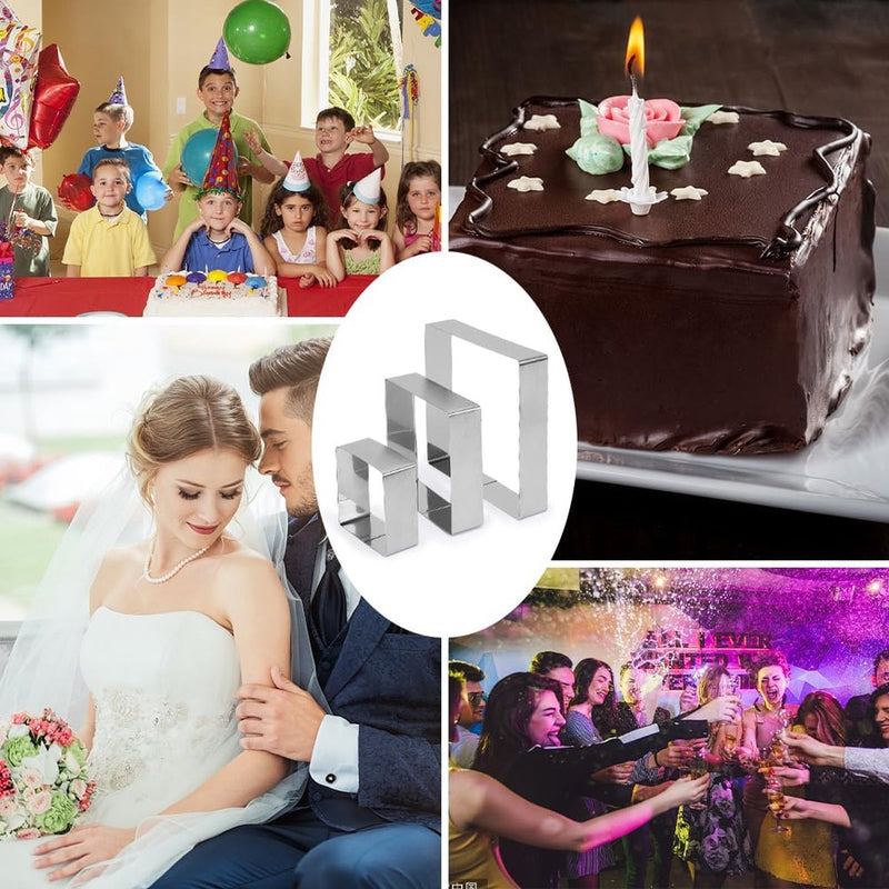 Rechthoekig bakframe, 3 stuks, taartvorm, rechthoekig, taartringset, 10/15/20 cm, roestvrij staal, bakvorm, hoekigring, hoog, 4 cm, voor meerlaagse cakes, gebak, moussecake