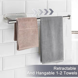 Handdoekhouder zonder boren, zilver 304 handdoekhouder, geborsteld roestvrij staal, uittrekbare handdoekstang om te plakken, voor badkamer en keuken, 23 tot 38 cm