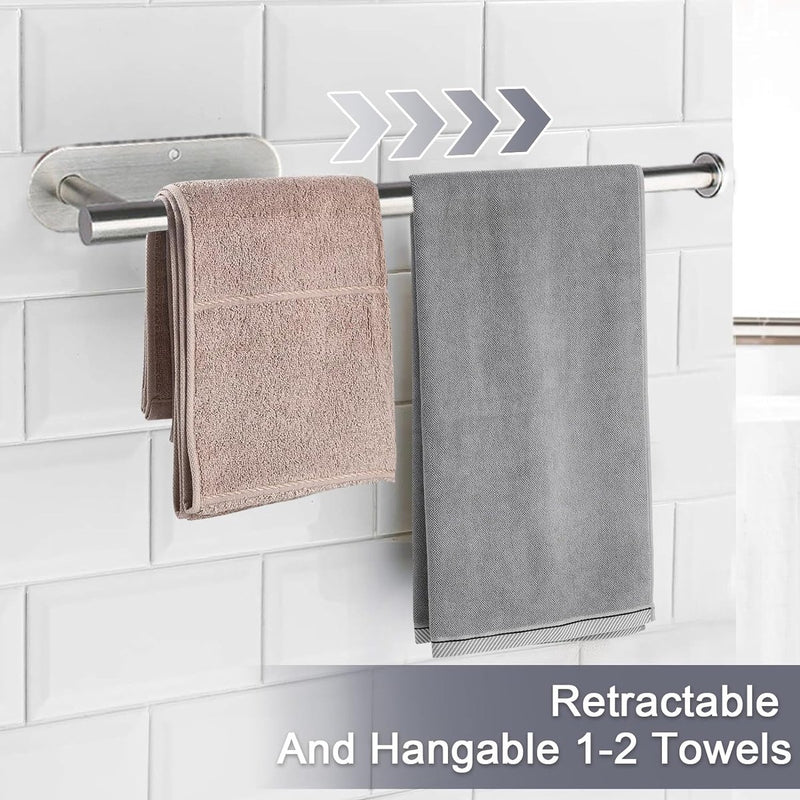 Handdoekhouder zonder boren, zilver 304 handdoekhouder, geborsteld roestvrij staal, uittrekbare handdoekstang om te plakken, voor badkamer en keuken, 23 tot 38 cm