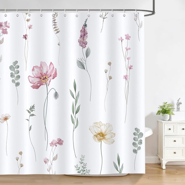 Douchegordijn, roze, beige, aquarel, bloemen, bladeren, moderne douchegordijnen, 180 x 180 cm, anti-schimmel, waterdicht, polyester stof, wasbaar, badkamergordijn voor badkamer, met 12 haken