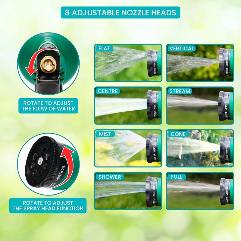 8 sproeikoppen, flexibel, licht, robuust en 10 m lang, knikvrij, lekvrije waterslang, tuinslang met 15 mm aansluiting, groen