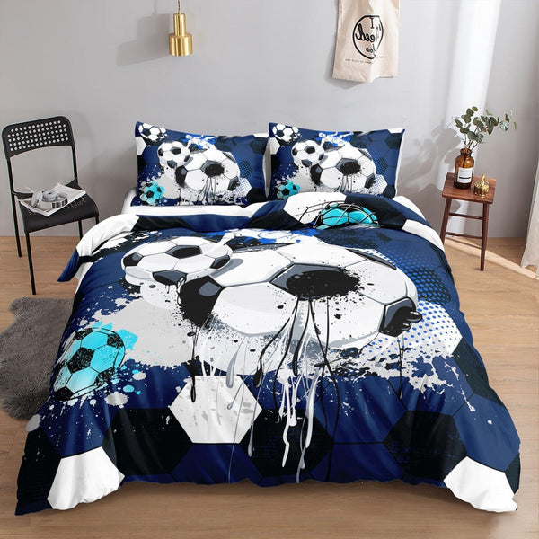 Voetbal beddengoedset voor jongens en meisjes, trendy, coole graffiti-cartoon-voetbalprint, dekbedovertrek met 2 kussenslopen (graffiti-voetbal 2 S)