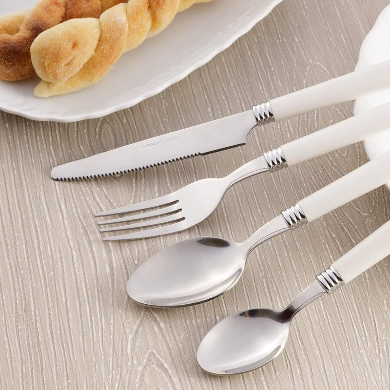 Bestekset voor 6 personen, 24-delige bestekset van roestvrij staal, bestek met kunststof handvat inclusief mes, vork, lepel voor thee of dessert, vaatwasmachinebestendig (wit)
