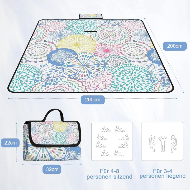 Waterdichte picknickdeken, 200 x 200 cm grote stranddeken, zandvrij met waterdichte onderkant, draagbare strandmat voor 4-6 personen, campingdeken met draaggreep voor park, tuin, strand, buiten