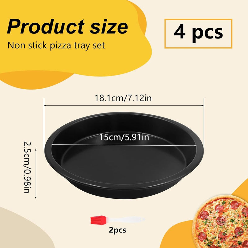 Set van 4 ronde pizzaplaten, 18,1 x 15 x 2,5 cm koolstofstalen pizzaplaat met 2 siliconenborstels voor taarten, pizza, brood, taarten, koekjes, bakken (zwart)