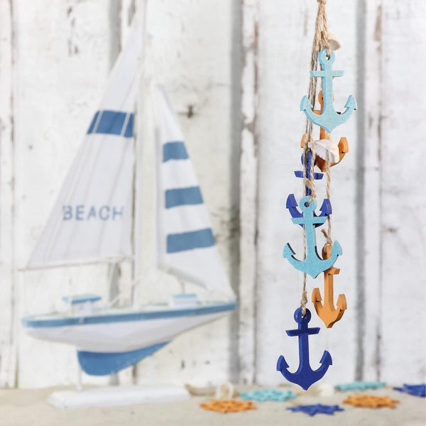 3 x hangdecoratie, maritiem, decoratie om op te hangen, zeester, anker en stuurwiel van hout, met schelpen, hangdecoratie (3 stuks, 38 cm)