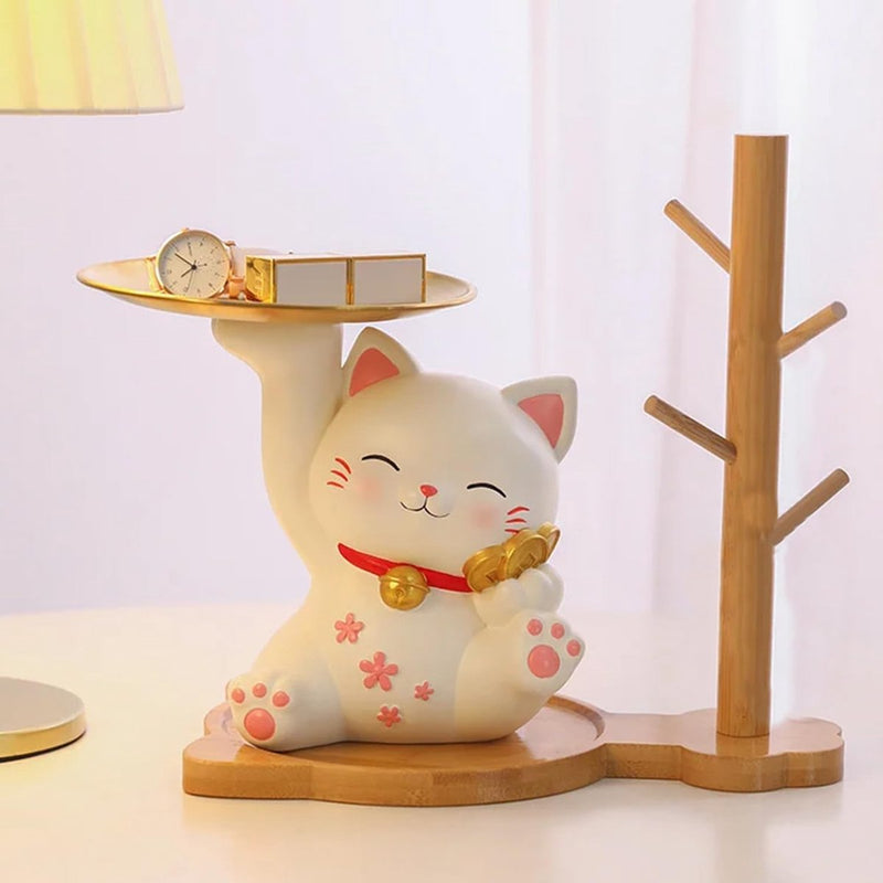 Houten sleuteldienblad voor entree, tafel, moderne decoratie van hars, gelukskat dienblad, Catchall dienblad met 3 standaard, hangende organizer, voor ringen, telefoon, armbanden (boten sleuteltray)