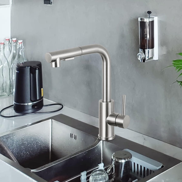 Keukenkraan, keukenmengkraan met dubbele functie, roestvrijstalen aanrechtkraan, uitschuifbaar, goed voor de keuken, nikkel