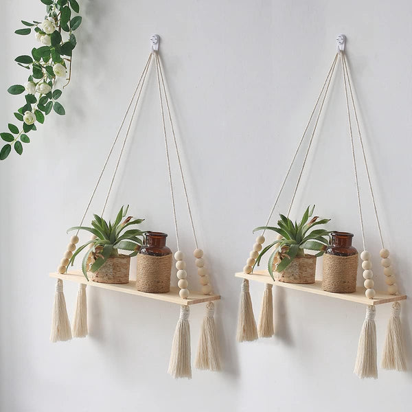 set van 2 macramé wandplanken houten hangende plank boho wanddecoratie katoenen touw met houten kraalkwastjes drijvende plank plantenplank wandplank balkon woonkamer slaapkamer kinderkamer