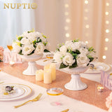 Witte vaas voor bruiloftsdecoraties, 2 stuks, 16,4 cm hoog, metalen bloemen, trompetvazen, middenstukken voor bruiloftstafels, kleine urnplantenbak voor verjaardagsfeestje, woonkamerdecoraties