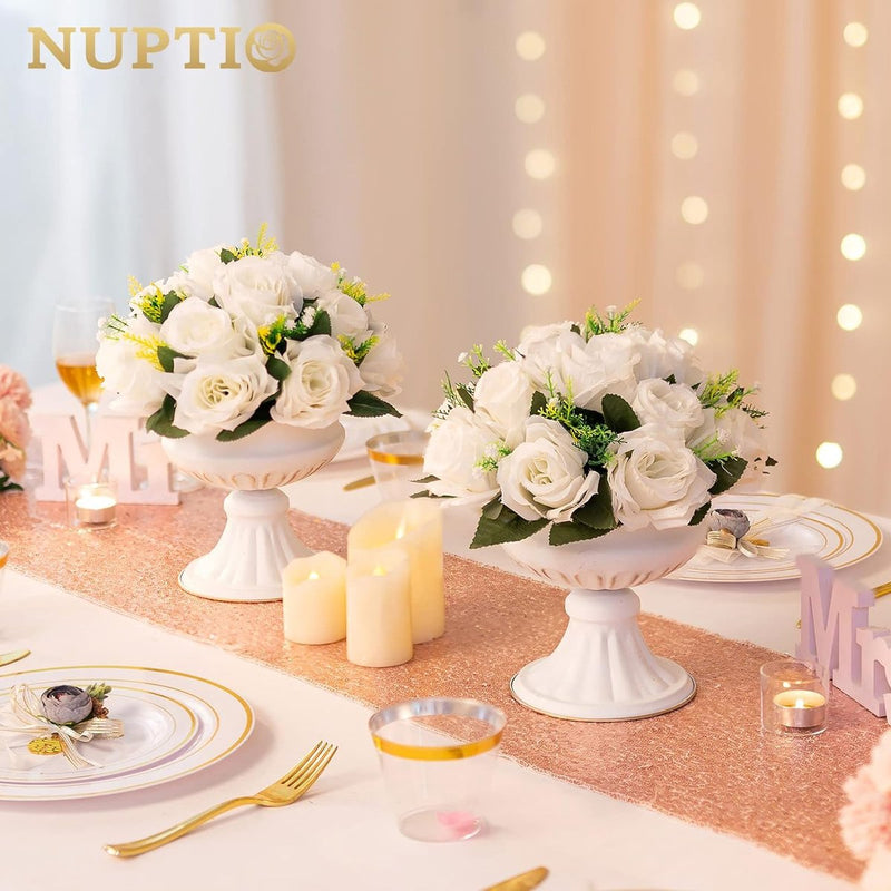 Witte vaas voor bruiloftsdecoraties, 2 stuks, 16,4 cm hoog, metalen bloemen, trompetvazen, middenstukken voor bruiloftstafels, kleine urnplantenbak voor verjaardagsfeestje, woonkamerdecoraties