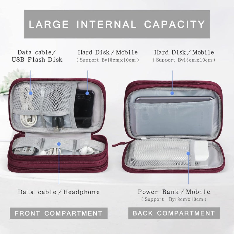 Kabeltas, organizer, kabelorganizer, tas, kabeltas, kleine kabelorganizer, dubbele kabeltas voor elektronische accessoires, USB-powerbank, SD-kaart, oplaadkabel, rood
