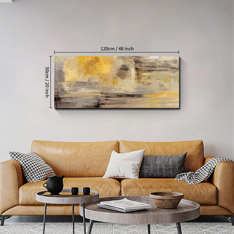 Houten frame grote canvasfoto's 120x50cm abstract mosterdgeel grijs beeld op canvas muurkunst moderne wandafbeeldingen XXL kunstdruk decoratie voor woonkamer slaapkamer klaar om op te