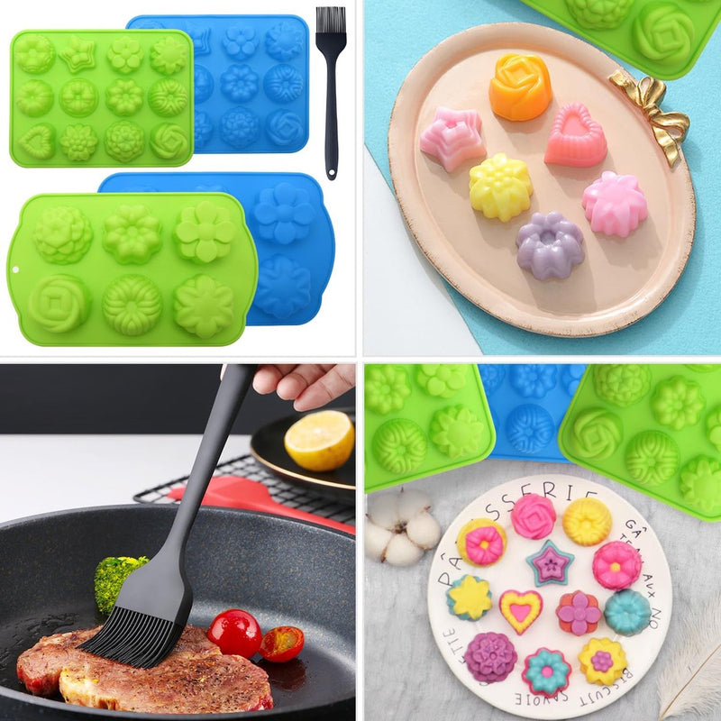 4 stuks multivorm muffinborden siliconen groot, 12 bakvormen met antiaanbaklaag siliconen muffinvormpjes met bakkwast, siliconen bakvormen voor cake, chocolade, kaas fondant