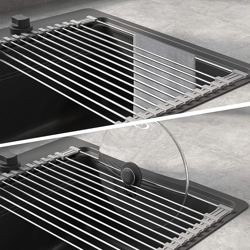 roestvrijstalen afdruiprek, opvouwbaar en afneembaar roestvrijstalen spoelbak, roldroogrek, roldroogrek, afvoergaasmand, 43 cm x 35 cm, grijs