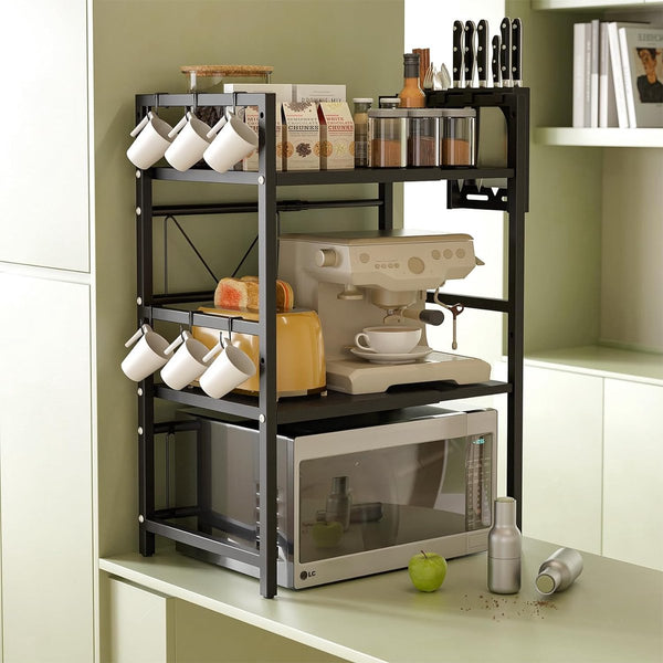 Magnetronrek, metaal, uitbreidbaar magnetronrek, 3-traps magnetronrek, magnetronrek, magnetronrek, magnetronorganizer, keukenrek met 6 haken, zwart