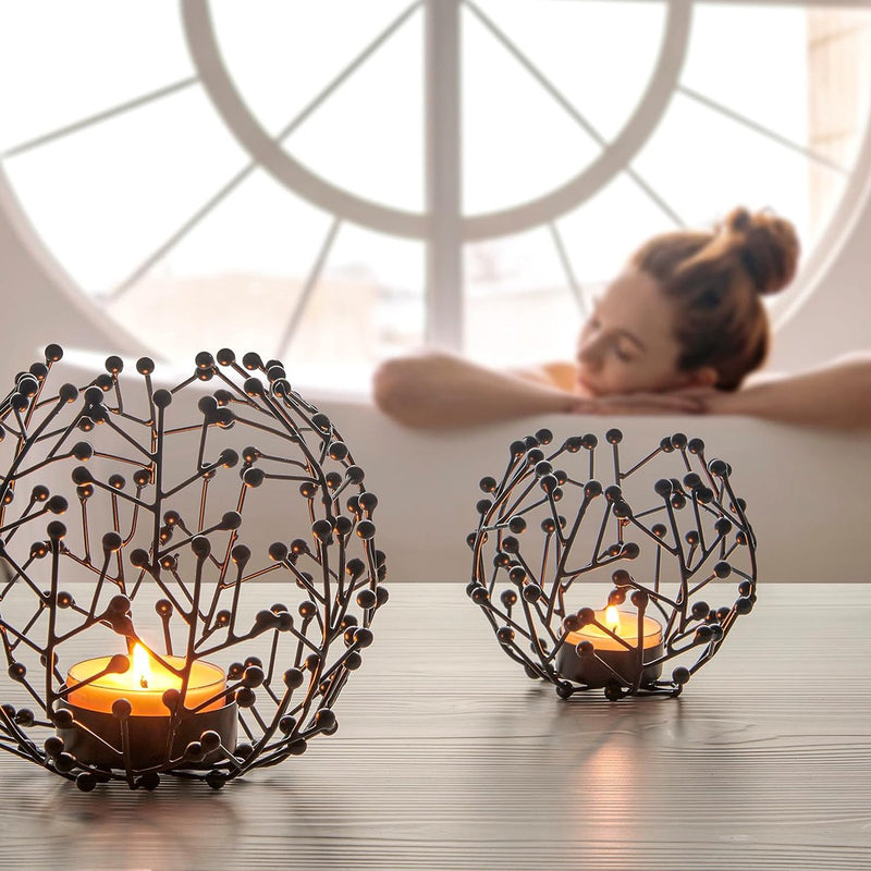 Theelichthouder zwart metaal set van 2 - 9,5 en 14 cm hoog - ideale tafeldecoratie woonkamer - vensterbank - decoratie woning modern - kaarsen decoratieset