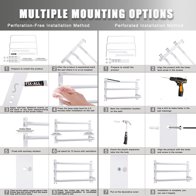 Handdoekstang, groot, zonder boren/stansen, 60 cm, meerlaags aluminium, handdoekhouder, wandrek, wandmontage, wandmontage, wandhanddoekhouder, 3 verdiepingen, badhanddoekstang voor badkamer en keuken