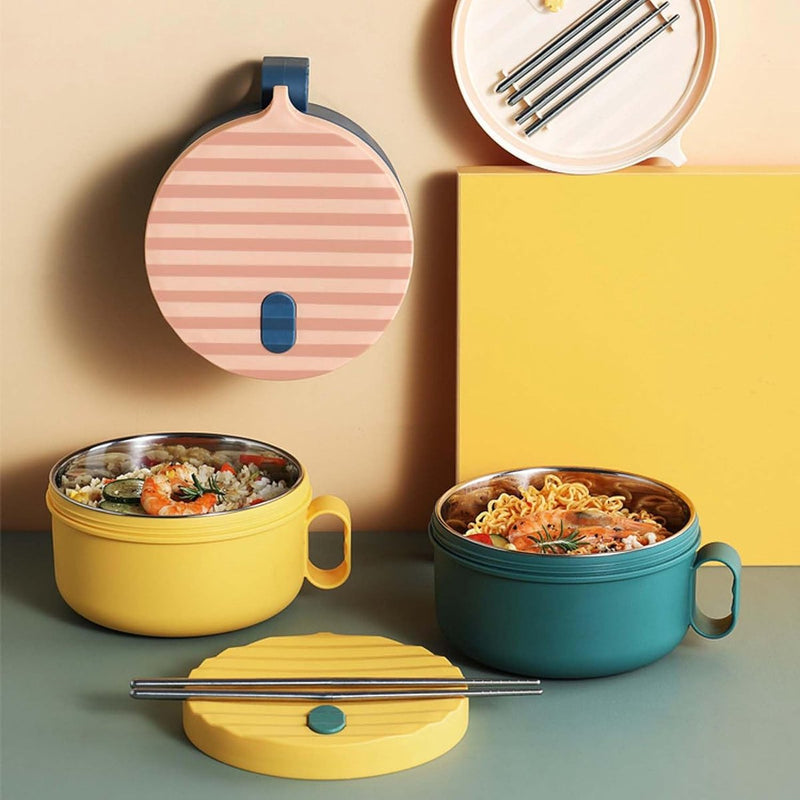 Japanse kom met deksel, 1200 ml ramenkom, plastic soepkom en verwijderbare roestvrijstalen voering, ramenkom, saladecontainer voor bij eetstokjes, Japans servies (geelgroen)