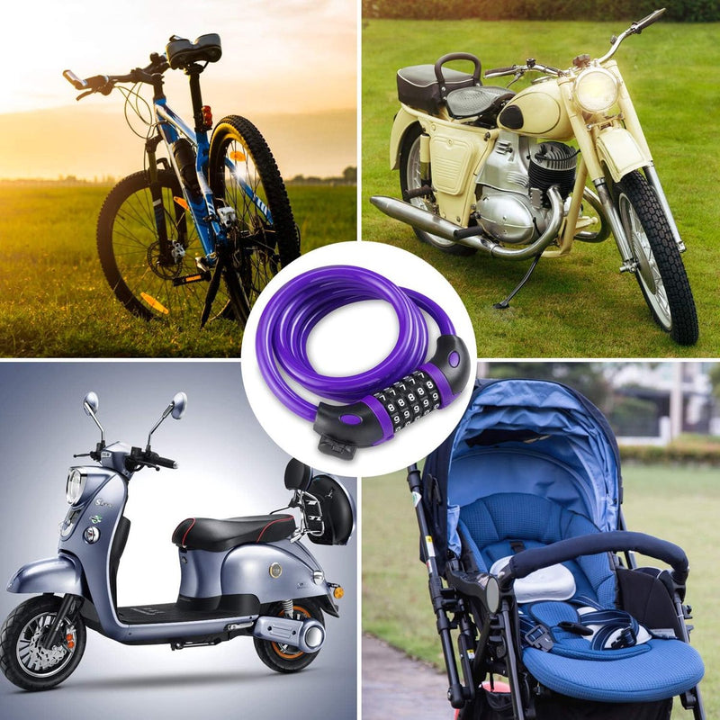 Fietsslot met 5-cijferige code, 1,2 m lang, cijferslot wiel met kabel, zeer licht, veiligheidsslot voor fiets en mountainbike met houder (paars)