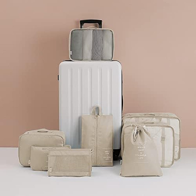 Kofferorganizerset, 8-delig, verpakkingskubussen, vakantie- en reis-hangmandset, beige
